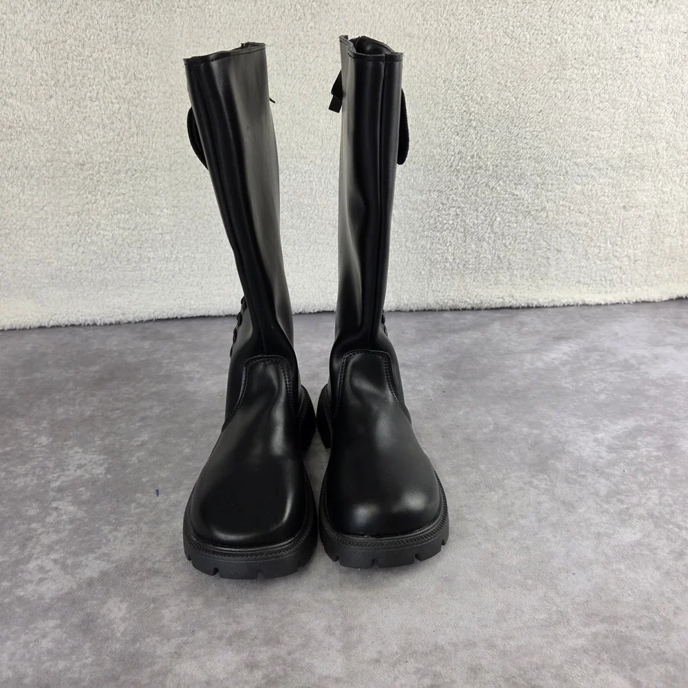 Kids Black Bow Detail Tall Lug Sole Boots Rear Zip Platform Size 33 S1890